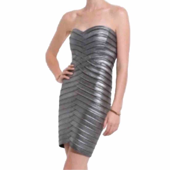 BCBGMAXAZRIA Metallic Silver Bandage Strapless Mini Dress XS Bodycon Party - Picture 3 of 10
